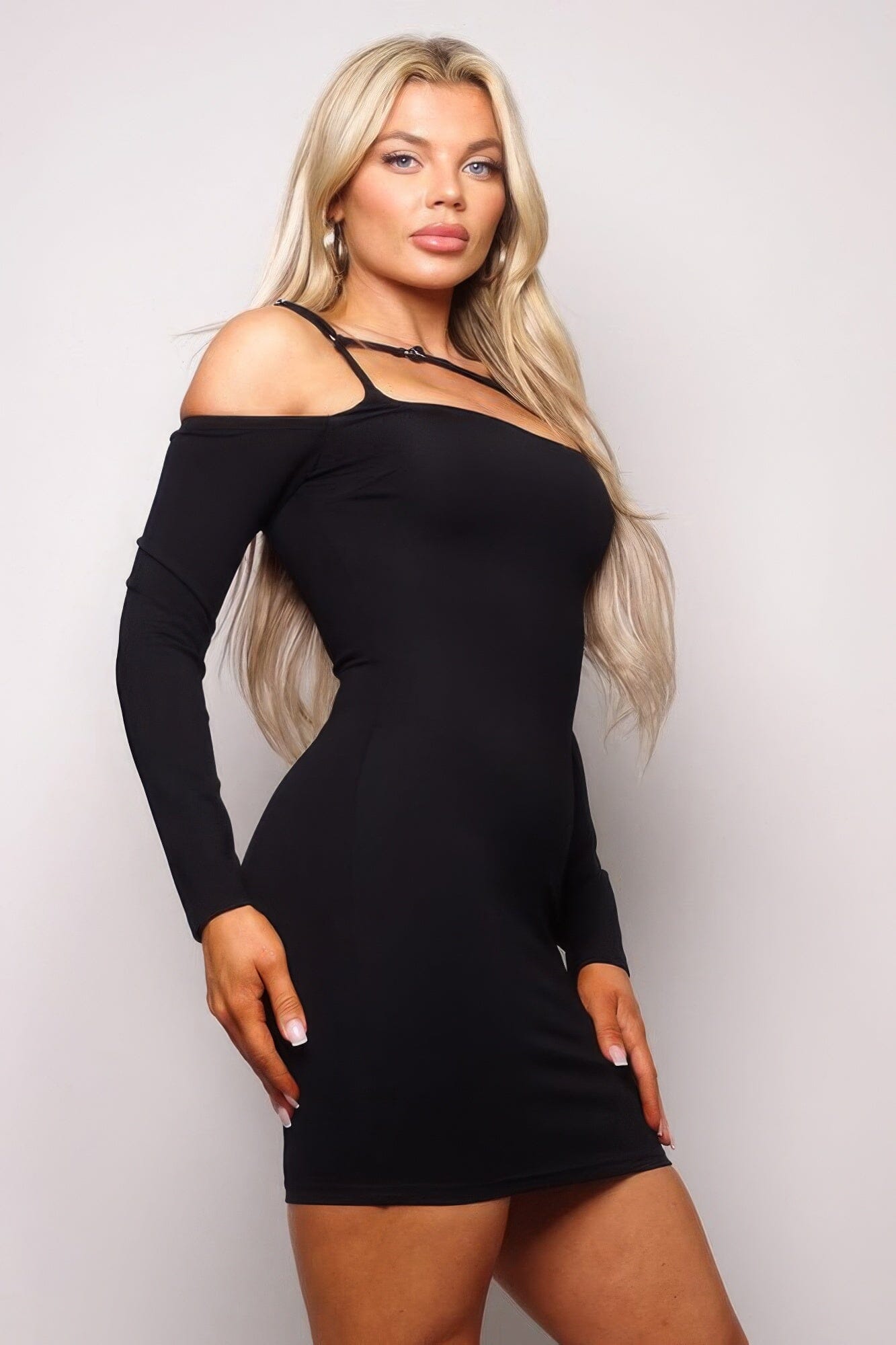 Black Long Sleeve Cuff Front Strap Mini Dress Dresses jehouze 