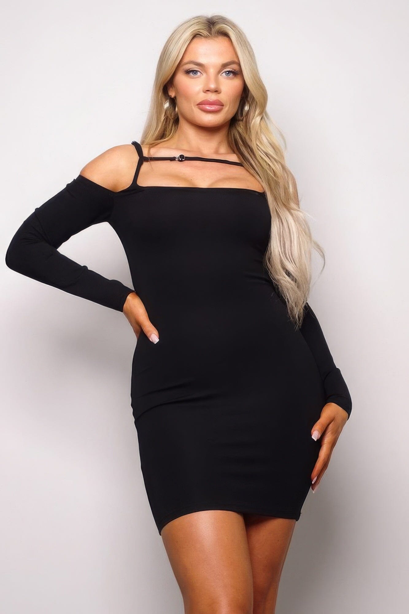 Black Long Sleeve Cuff Front Strap Mini Dress Dresses jehouze 