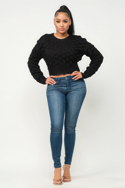 Black Long Sleeve Drop Shoulder Checker Pattern Pullover Crop Sweater Shirts & Tops jehouze S 