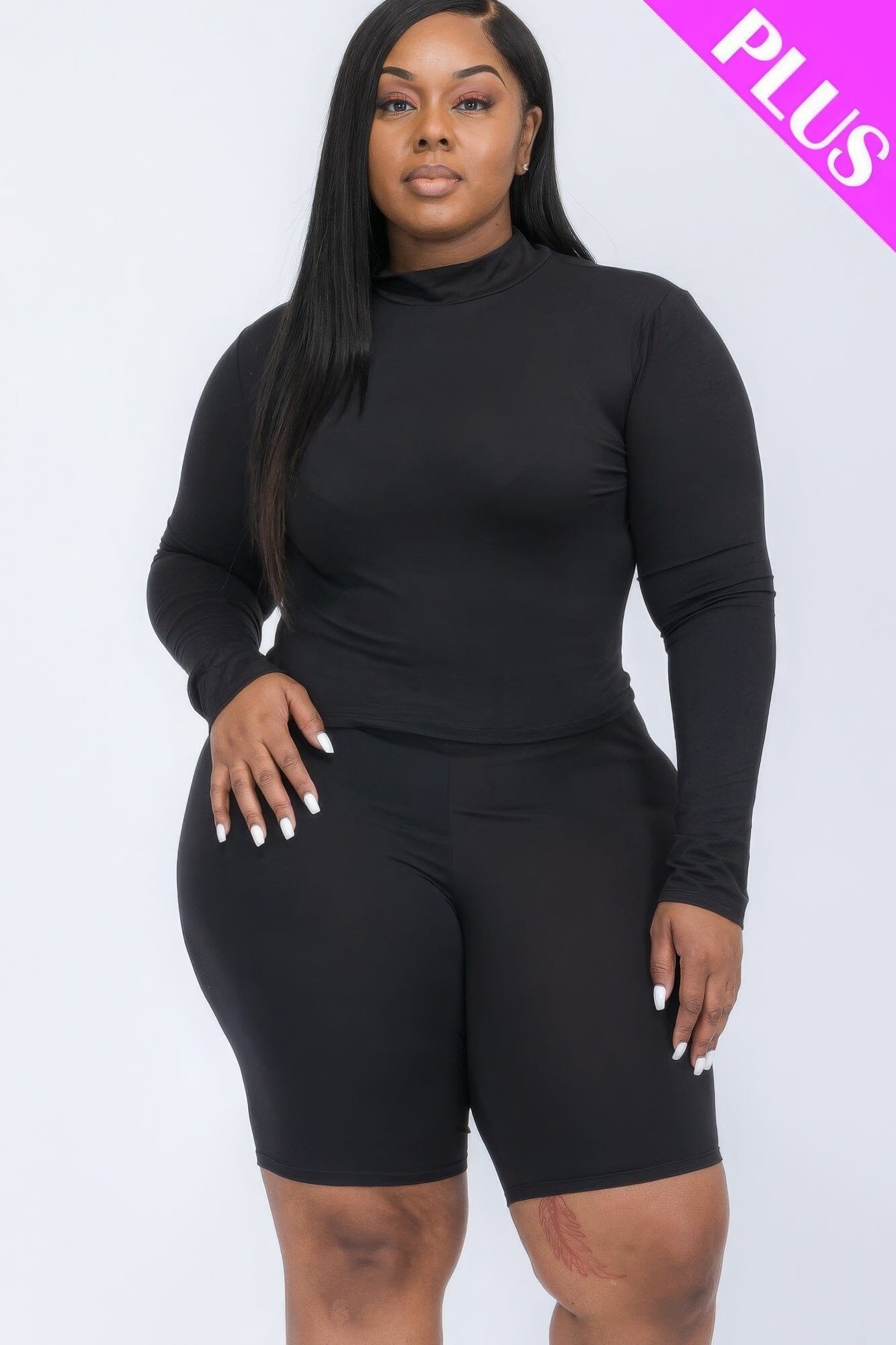 Black Plus Size Mock Neck Long Sleeve Top & Biker Shorts Loungewear Set_ Loungewear jehouze 1XL 