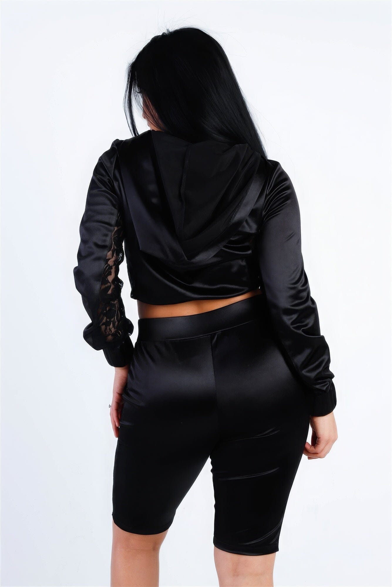 Black Satin Lace Details Long Sleeve Hooded Crop Top & Biker Short Set Outfit Sets jehouze 