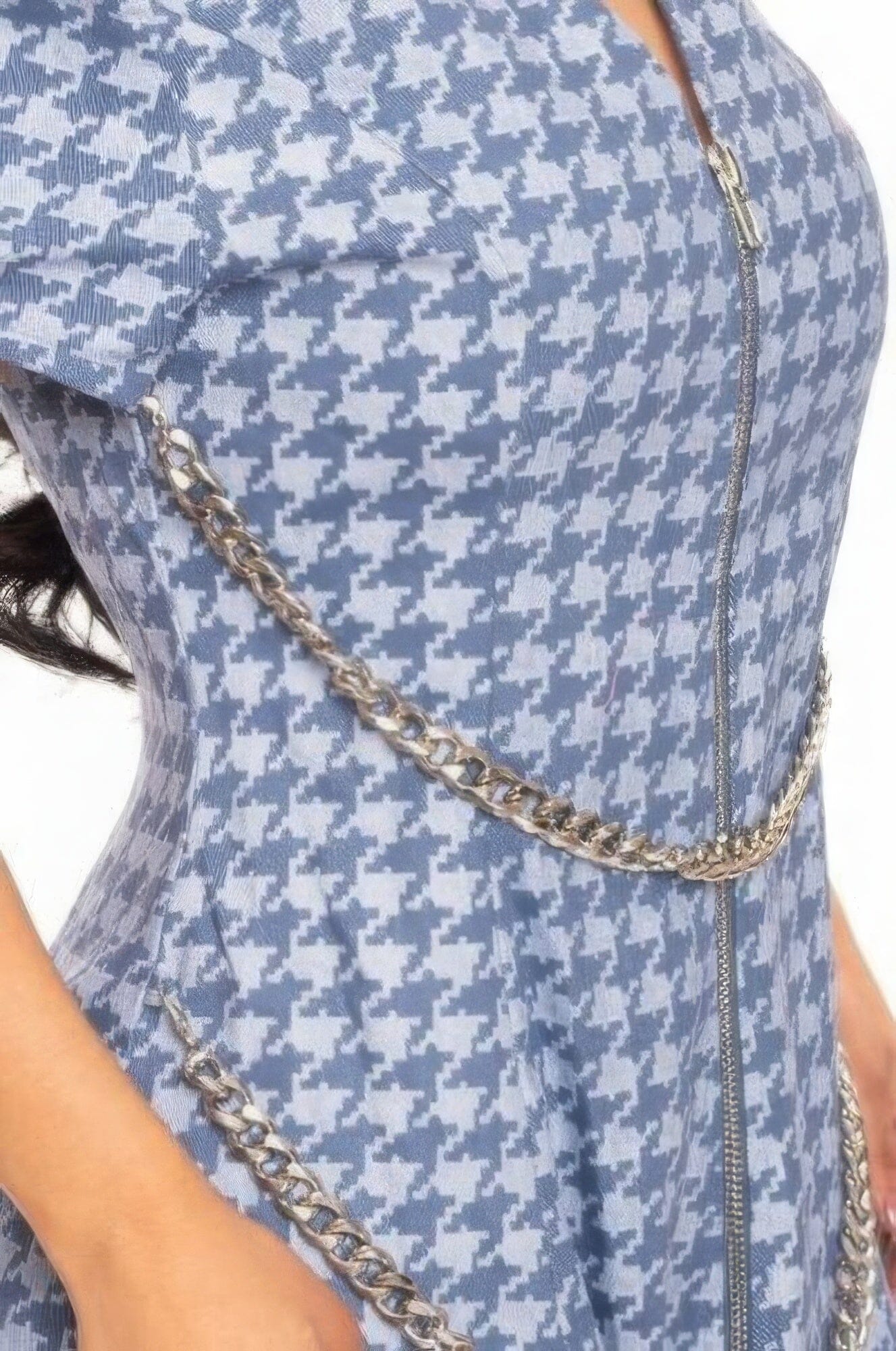 Blue Houndstooth Chain-belt Mini Dress Dresses jehouze 