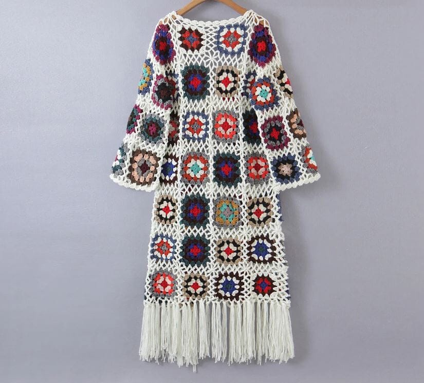 Bohemia Colored Plaid Flower Granny Square Hand Crochet Hem Tassel Fringe Sweater Long Cardigan Coats & Jackets jehouze 