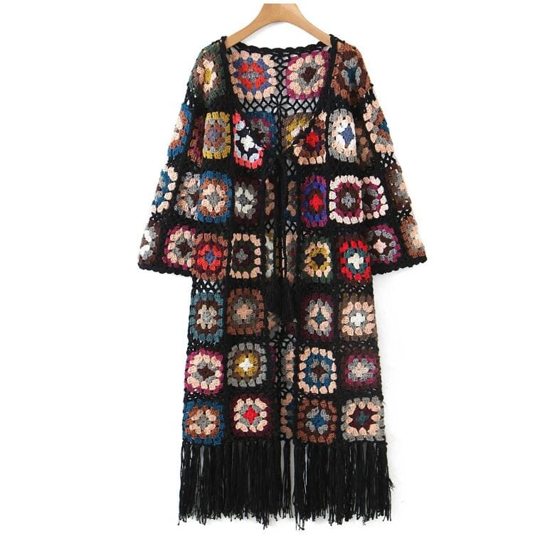 Bohemia Colored Plaid Flower Granny Square Hand Crochet Hem Tassel Fringe Sweater Long Cardigan Coats & Jackets jehouze Black 