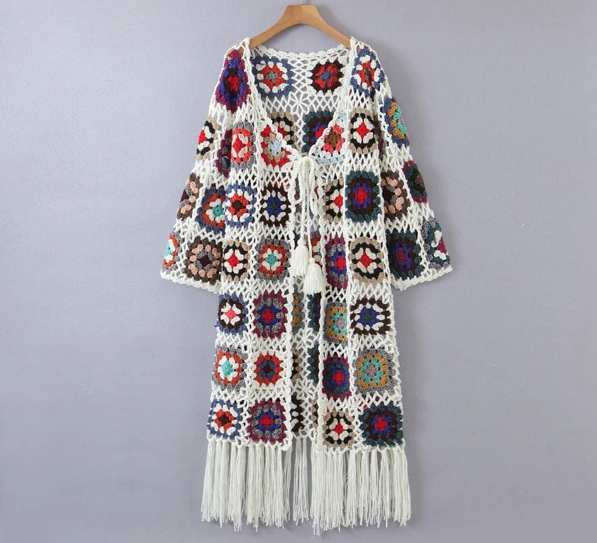 Bohemia Colored Plaid Flower Granny Square Hand Crochet Hem Tassel Fringe Sweater Long Cardigan Coats & Jackets jehouze White 