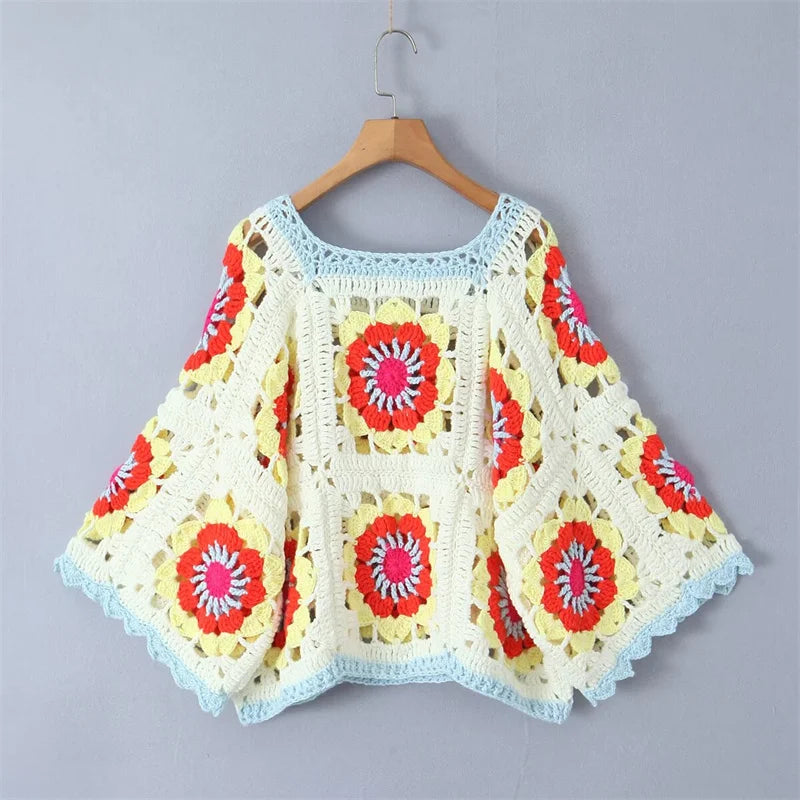 Bohemia Colored Plaid Flower Hand Crochet Granny Square Top Coats & Jackets jehouze 