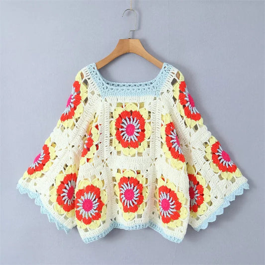 Bohemia Colored Plaid Flower Hand Crochet Granny Square Top Coats & Jackets jehouze Beige 