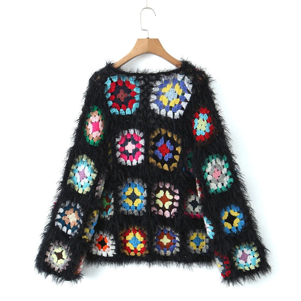 Bohemia Colored Plaid Flower Hand Crochet Hairy Shaggy Short Cardigan Coats & Jackets jehouze 