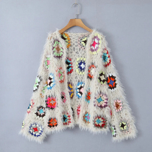 Bohemia Colored Plaid Flower Hand Crochet Hairy Shaggy Short Cardigan Coats & Jackets jehouze White 