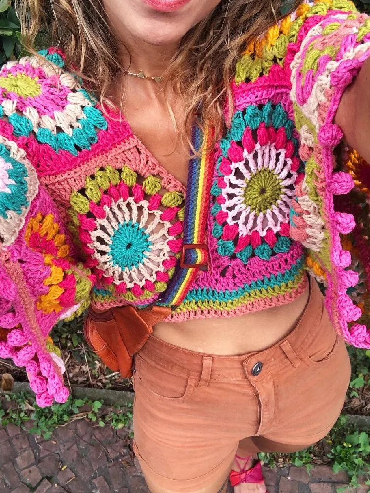 Bohemia Colored Plaid Flower Hand Crochet Short Sleeve Crop Tank Top Coats & Jackets jehouze 