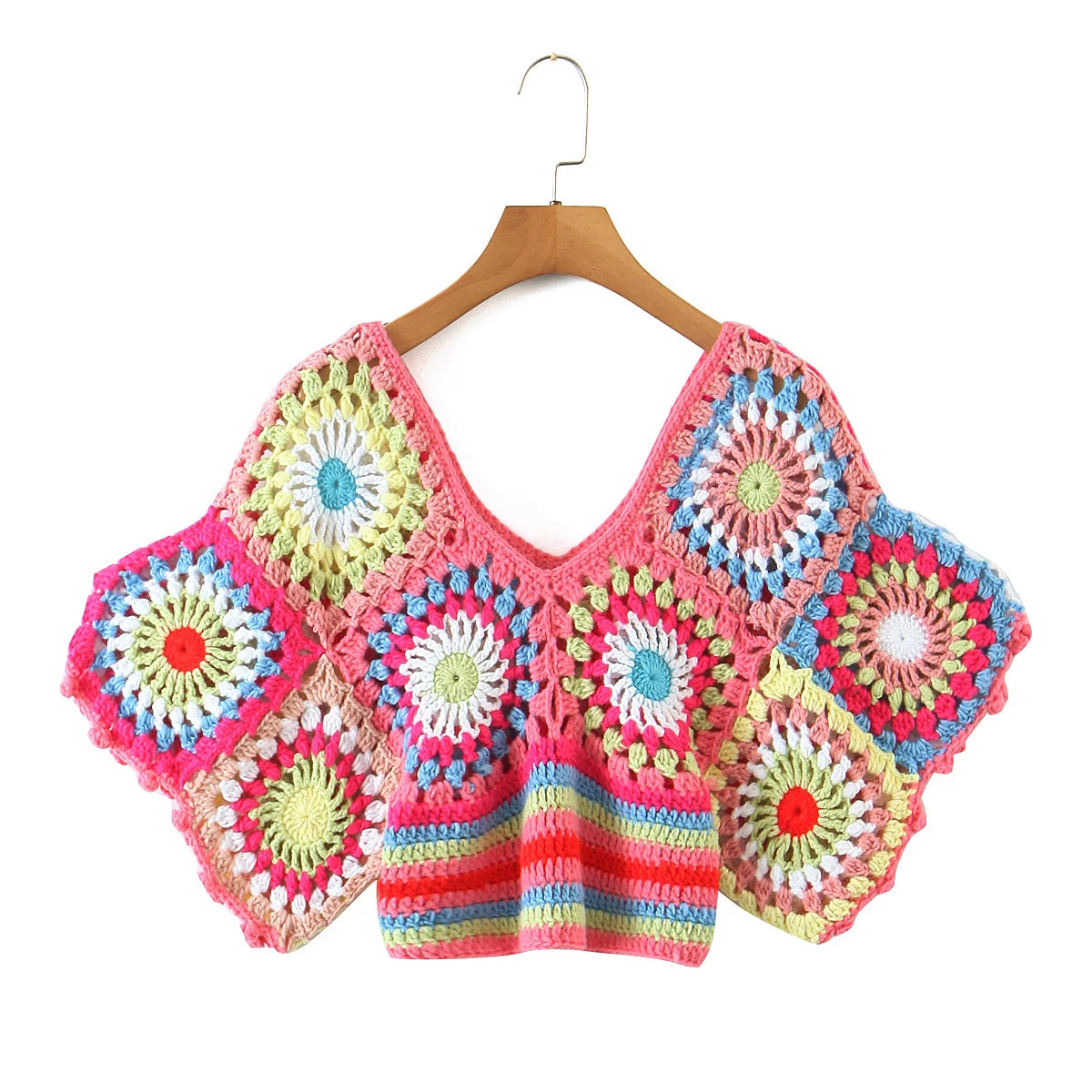 Bohemia Colored Plaid Flower Hand Crochet Short Sleeve Crop Tank Top Coats & Jackets jehouze 