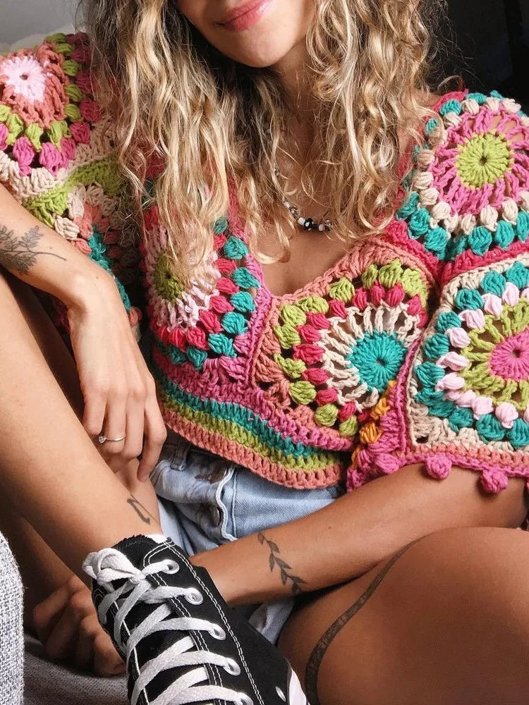 Bohemia Colored Plaid Flower Hand Crochet Short Sleeve Crop Tank Top Coats & Jackets jehouze 