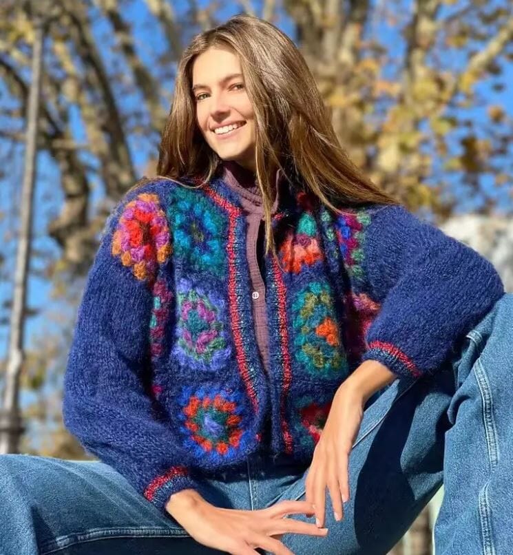 Bohemia Vintage Colored Plaid Flower Granny Square Hand Crochet Crop Cardigan Coats & Jackets jehouze 