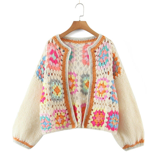 Bohemia Vintage Colored Plaid Flower Granny Square Hand Crochet Hooded Crop Cardigan Coats & Jackets jehouze One Size Beige 