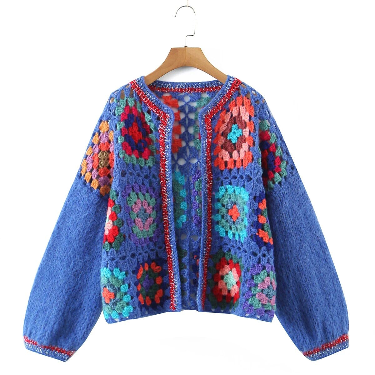 Bohemia Vintage Colored Plaid Flower Granny Square Hand Crochet Hooded Crop Cardigan Coats & Jackets jehouze One Size Blue 