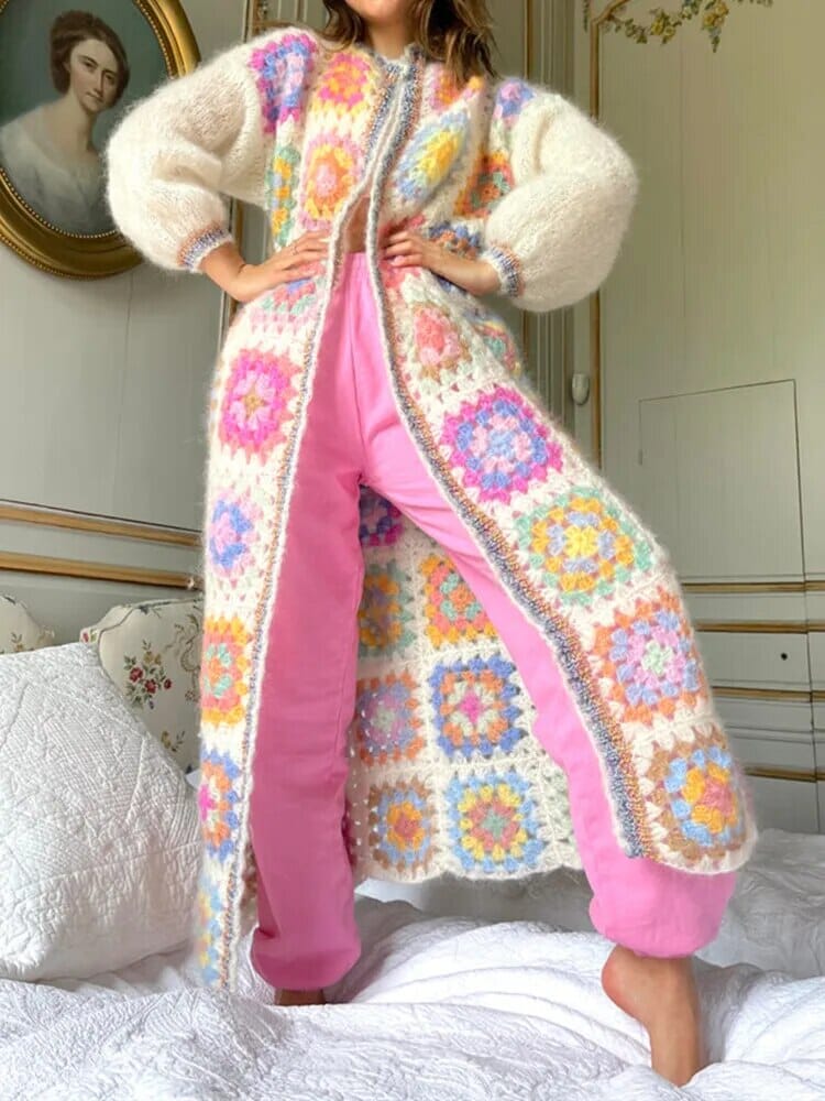 Bohemia Vintage Colored Plaid Flower Granny Square Hand Crochet Hooded Long Cardigan Coats & Jackets jehouze 