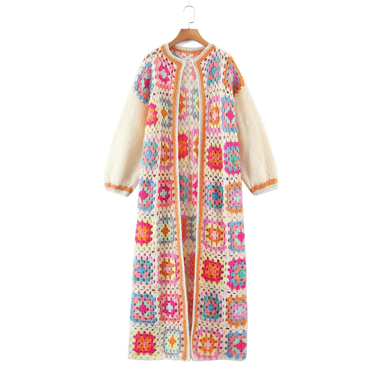 Bohemia Vintage Colored Plaid Flower Granny Square Hand Crochet Hooded Long Cardigan Coats & Jackets jehouze One Size Beige 