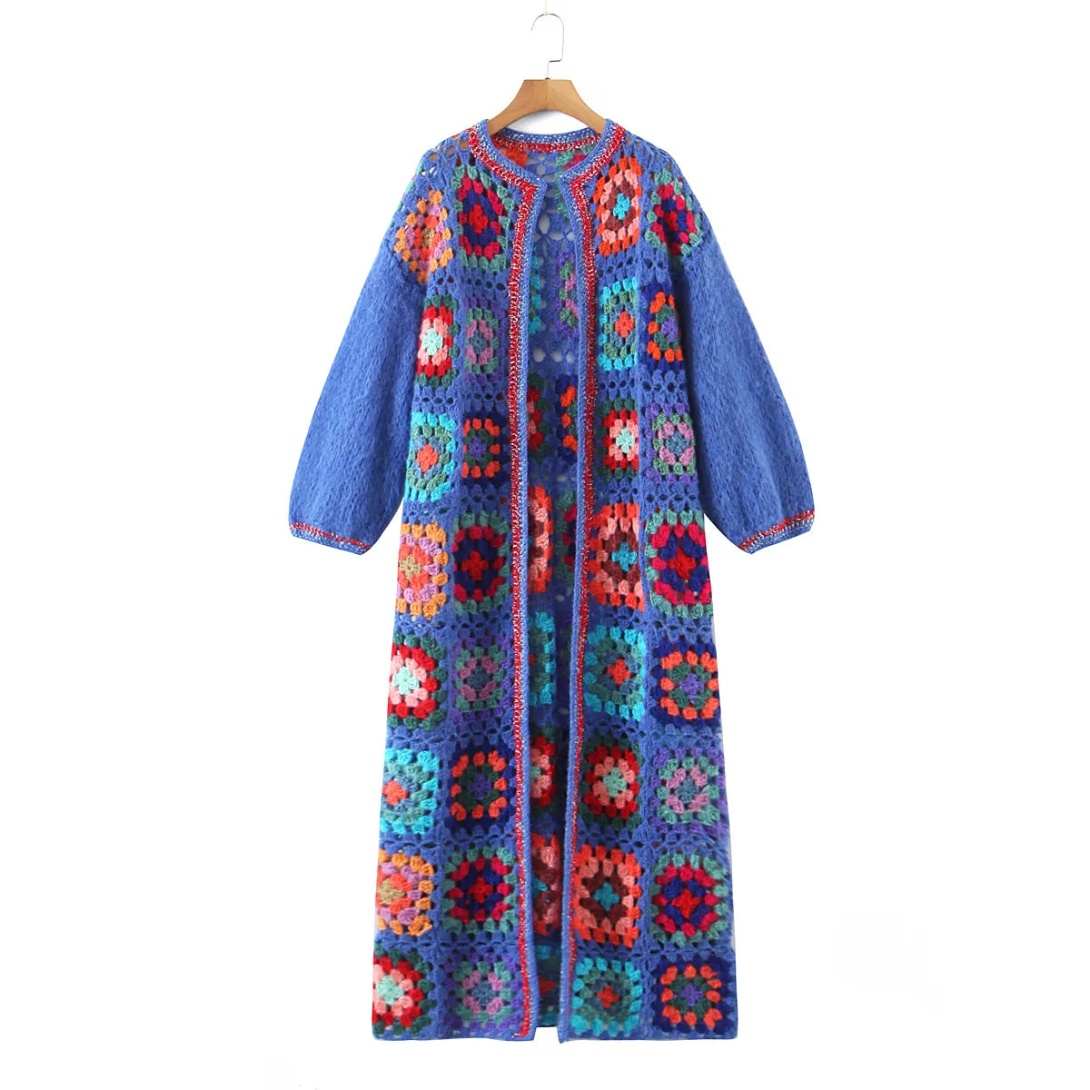 Bohemia Vintage Colored Plaid Flower Granny Square Hand Crochet Hooded Long Cardigan Coats & Jackets jehouze One Size Blue 