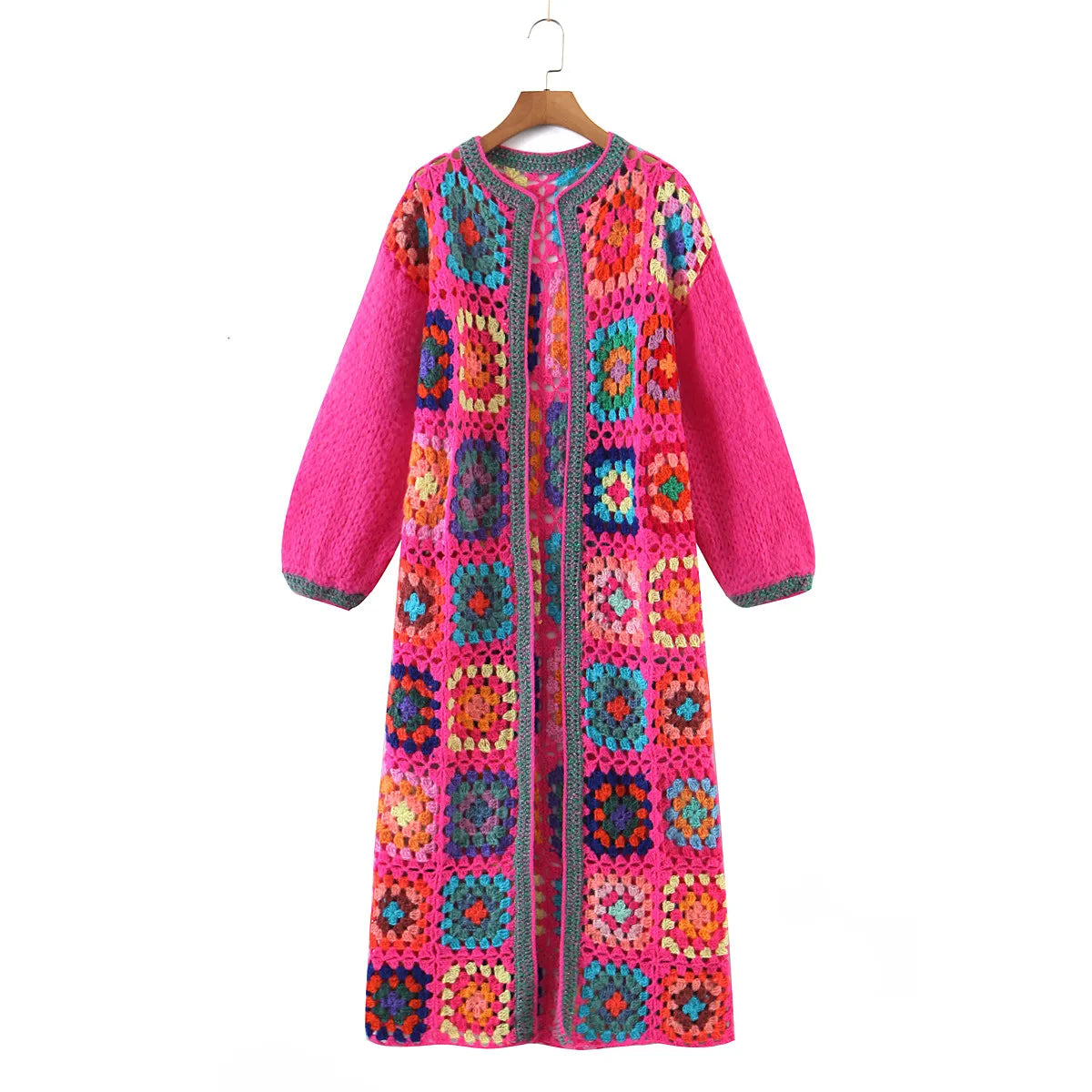 Bohemia Vintage Colored Plaid Flower Granny Square Hand Crochet Hooded Long Cardigan Coats & Jackets jehouze One Size Rose Red 