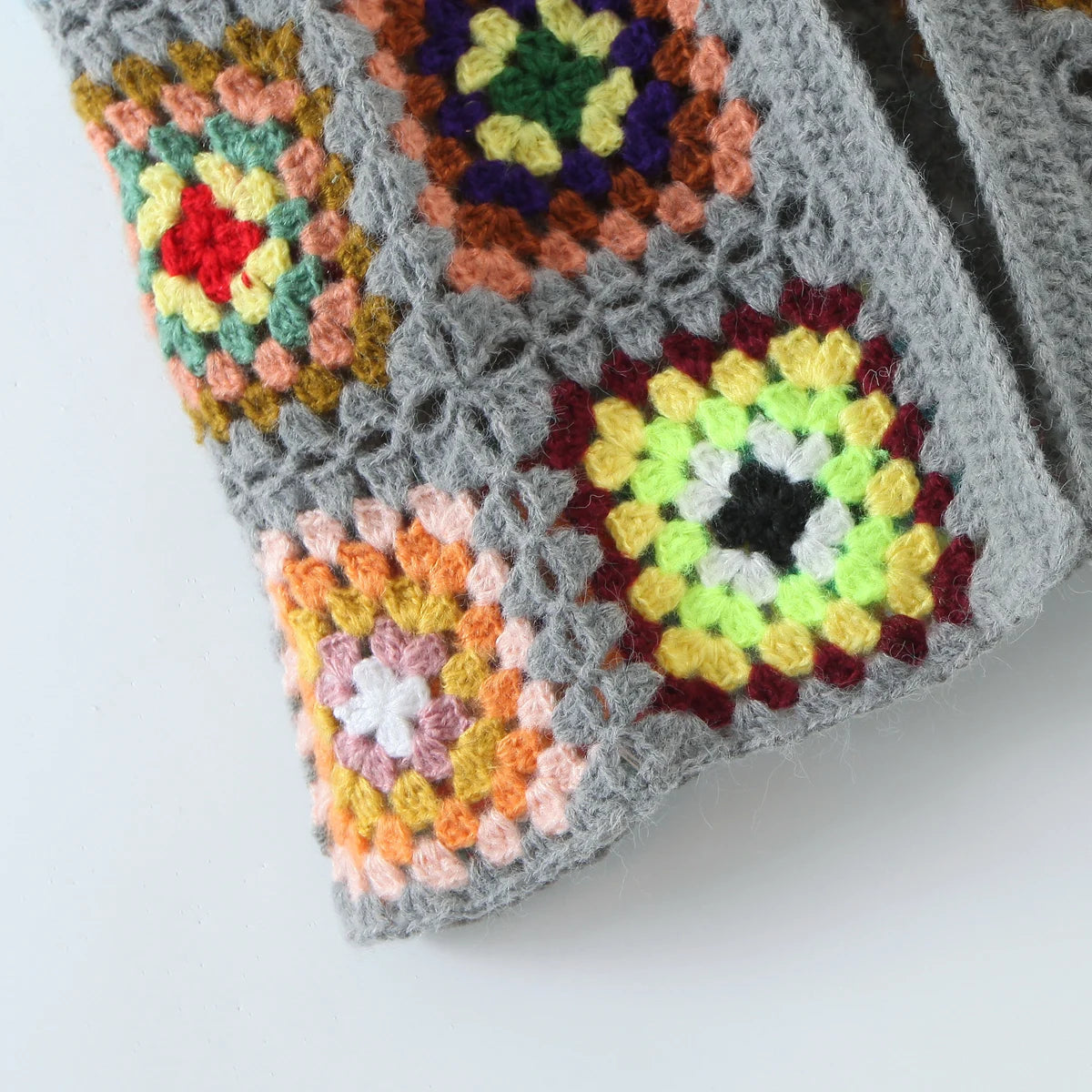 Bohemia Vintage Colored Plaid Flower Granny Square Hand Crochet Long Cardigan Coats & Jackets jehouze 