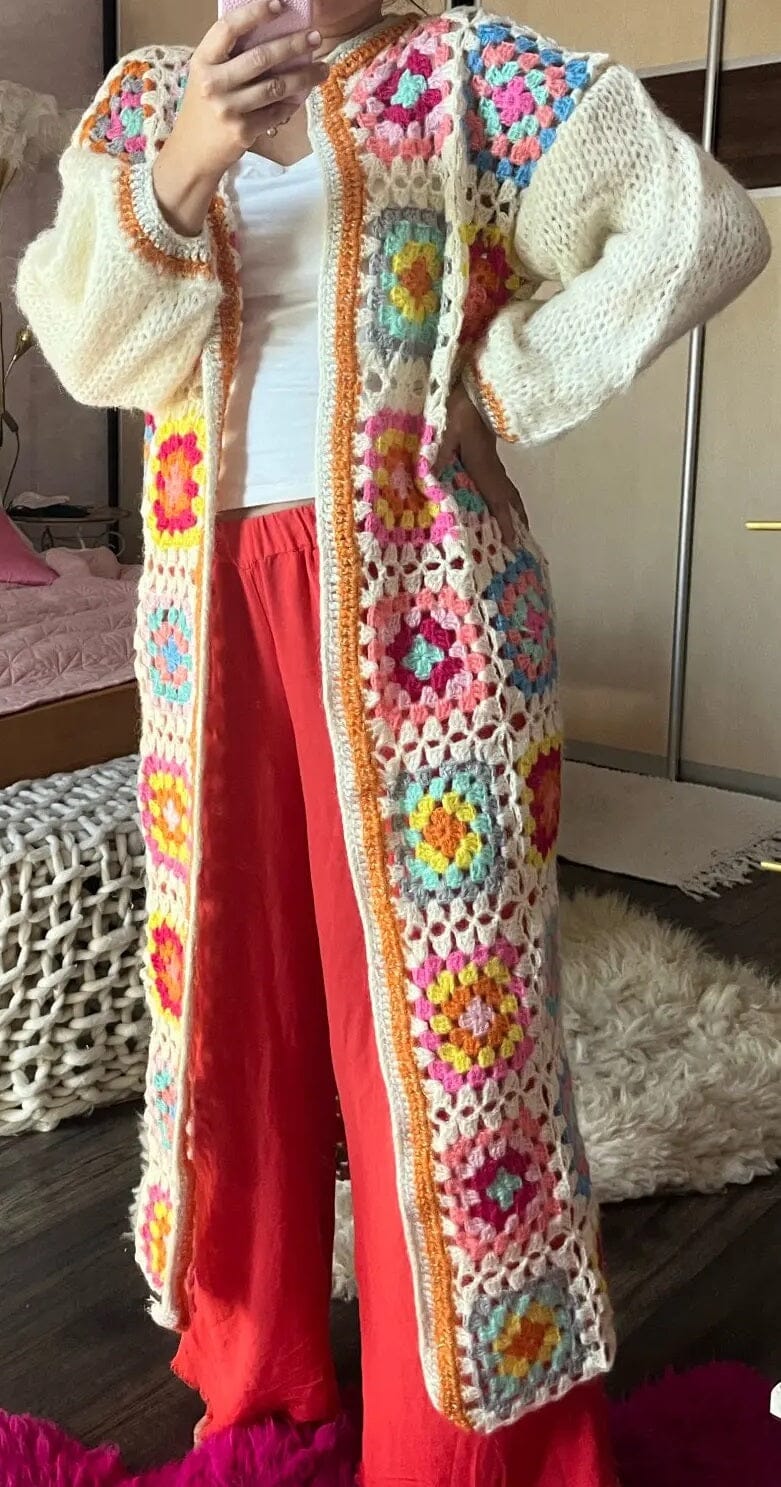 Bohemia Vintage Colored Plaid Flower Granny Square Hand Crochet Long Cardigan Coats & Jackets jehouze 