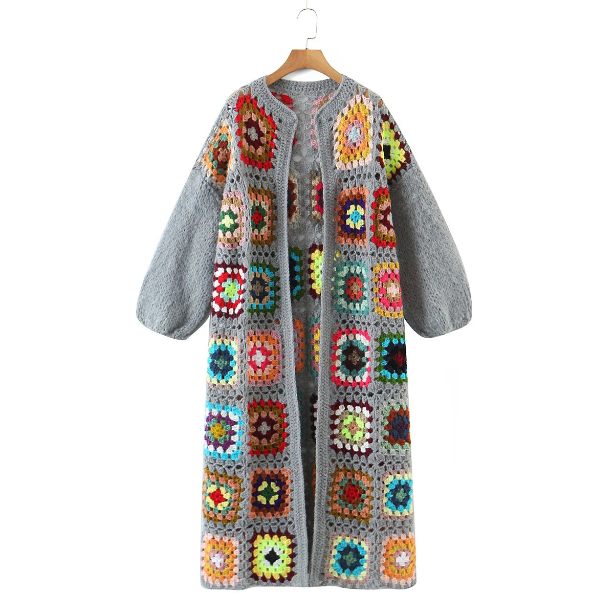 Bohemia Vintage Colored Plaid Flower Granny Square Hand Crochet Long Cardigan Coats & Jackets jehouze One Size Grey 