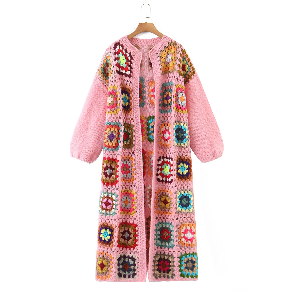 Bohemia Vintage Colored Plaid Flower Granny Square Hand Crochet Long Cardigan Coats & Jackets jehouze One Size Pink 