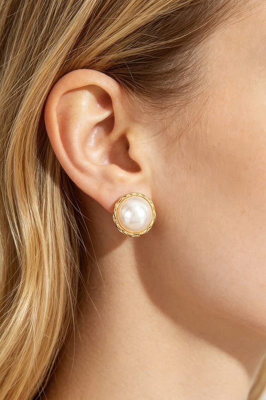 Braided Metal Frame Round Pearl Stud Earrings Apparel & Accessories > Jewelry > Earrings jehouze Gold 