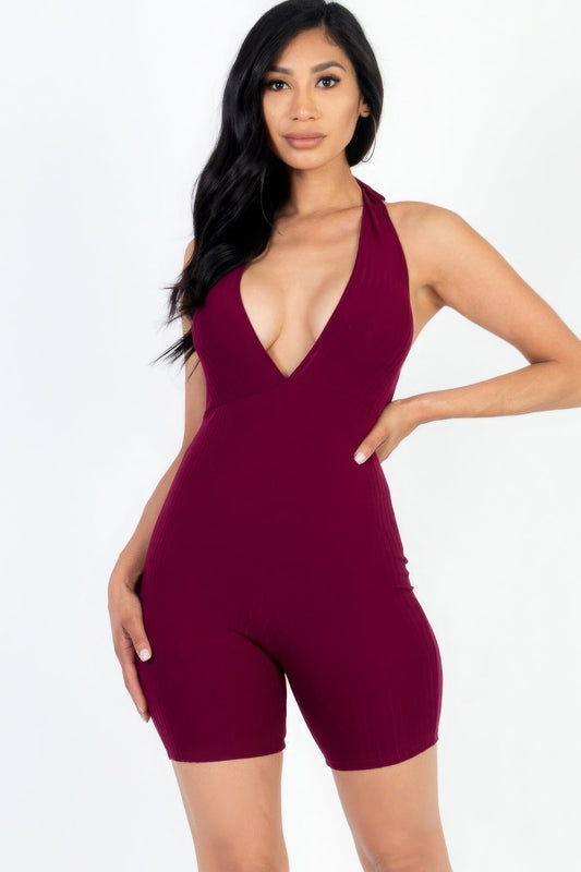 Burgundy Casual Solid Halter V Neck Ribbed Bodycon Romper Jumpsuits & Rompers jehouze S 