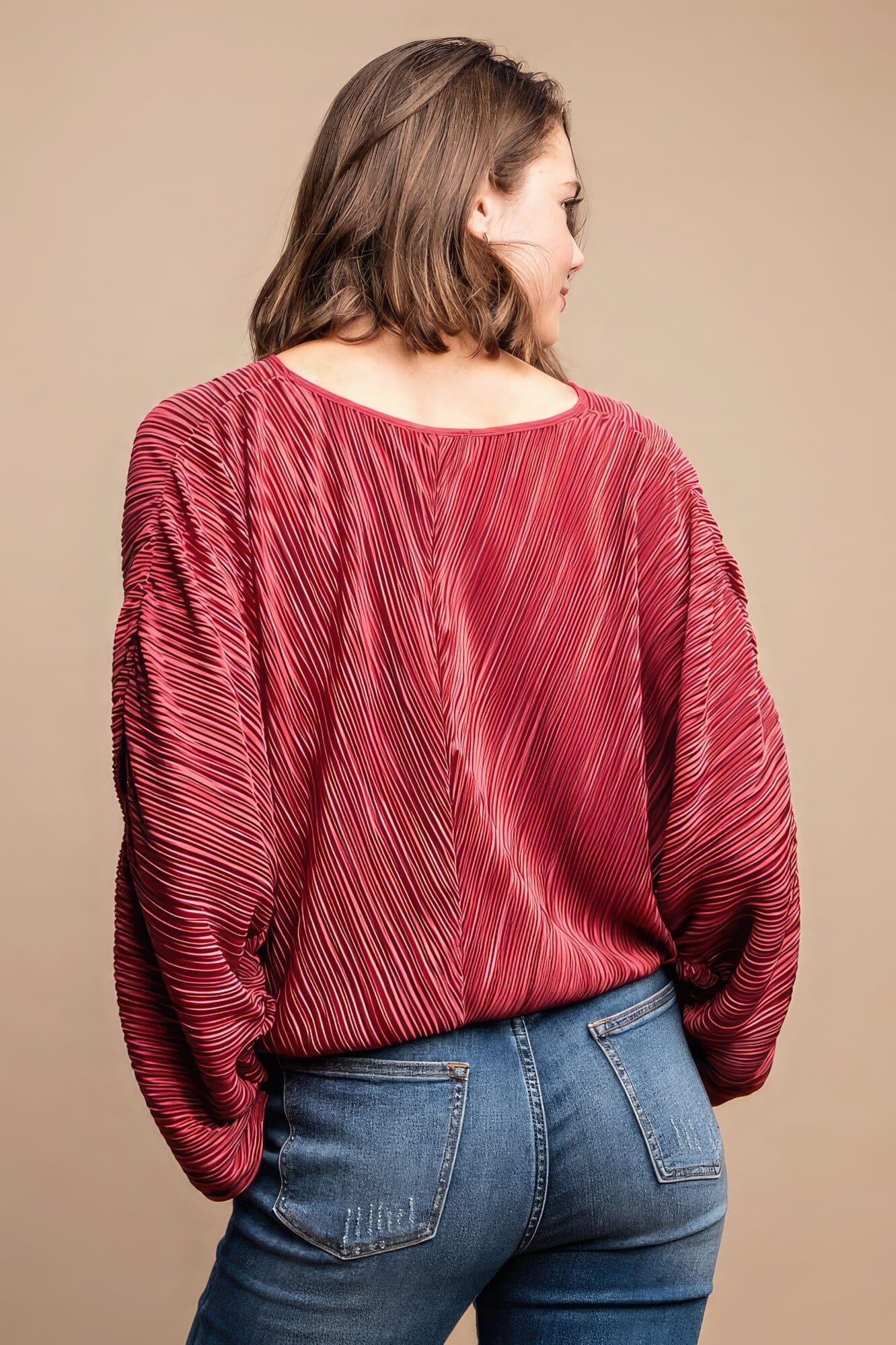 Burgundy Satin Pleated Drawstring Top With Snap Button Shirts & Tops jehouze 