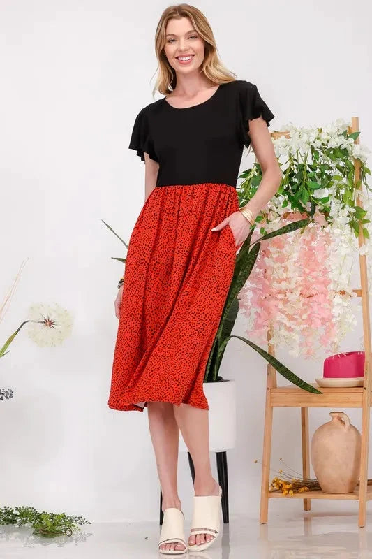 Celeste Plus Size Two Tone Animal Print Flutter Sleeve Midi Dress Dresses jehouze 