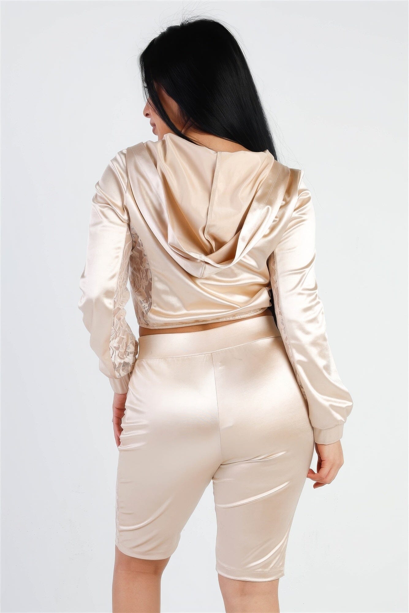 Champagne beige Satin Lace Details Long Sleeve Hooded Crop Top & Biker Short Set Outfit Sets jehouze 