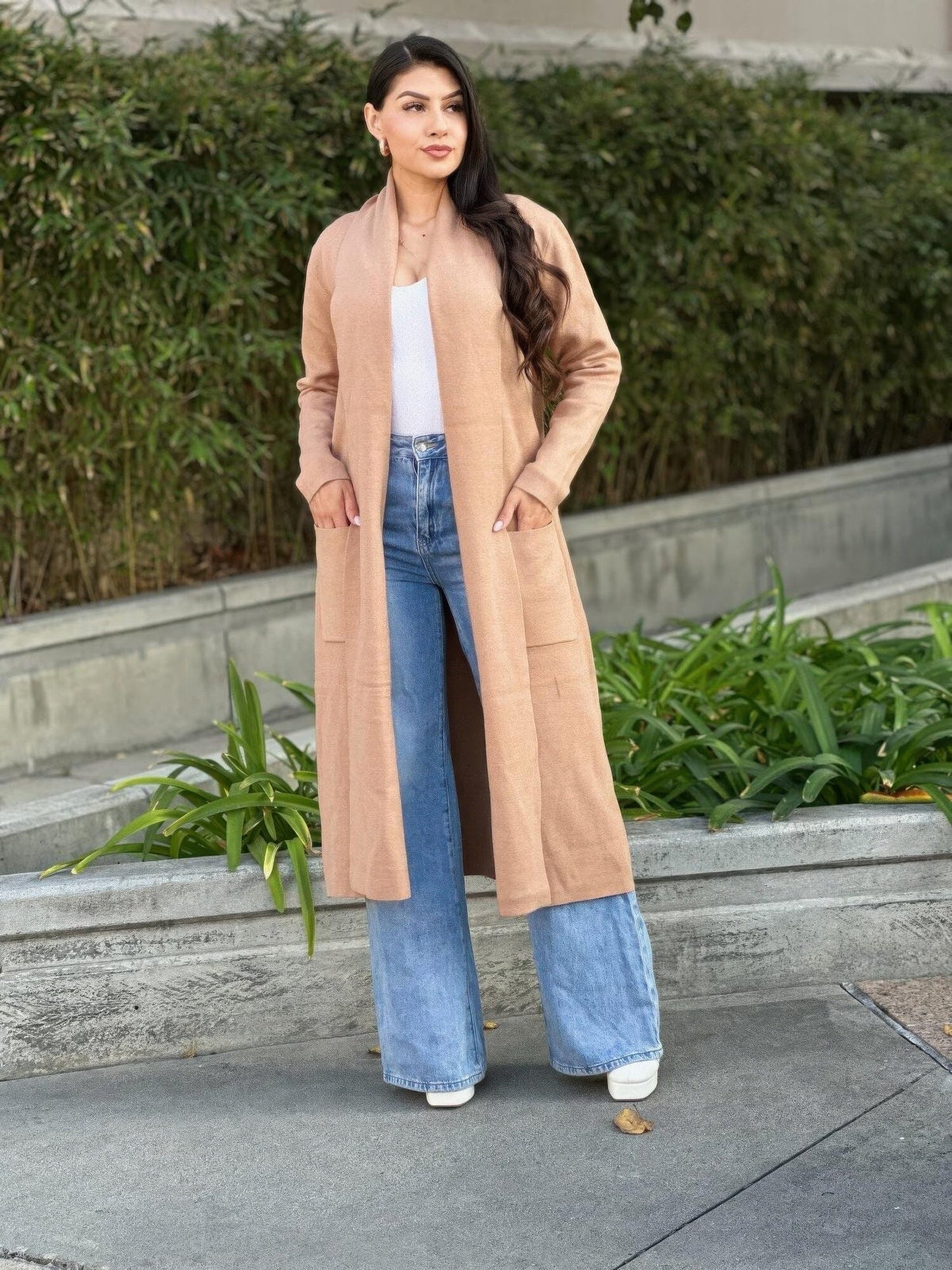 Clover Fine Knit Midi Cardi Cardigan With Pockets Outerwear jehouze 