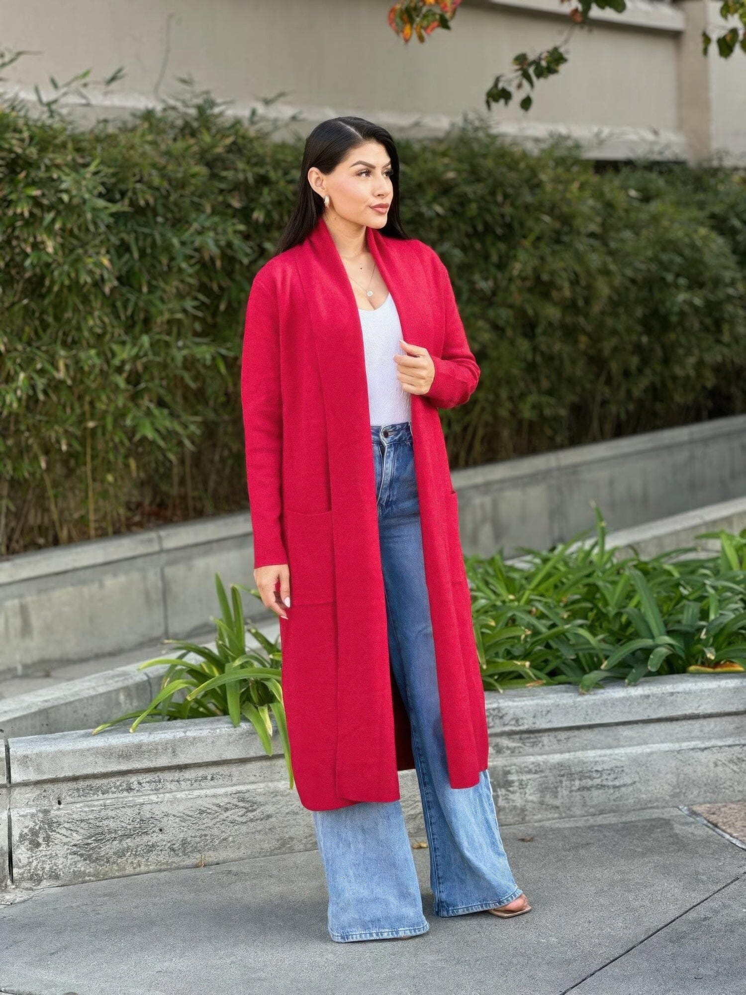 Clover Fine Knit Midi Cardi Cardigan With Pockets Outerwear jehouze Red S 