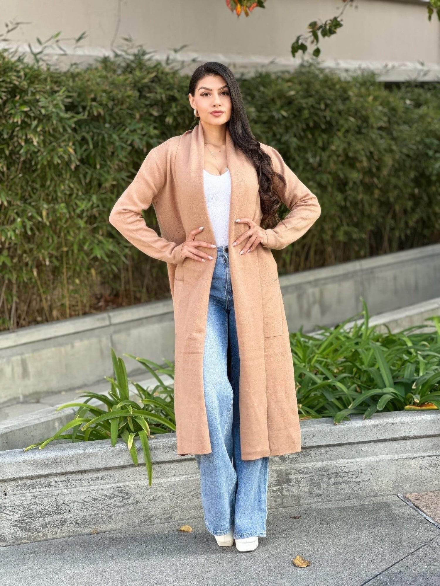Clover Fine Knit Midi Cardi Cardigan With Pockets Outerwear jehouze Taupe S 