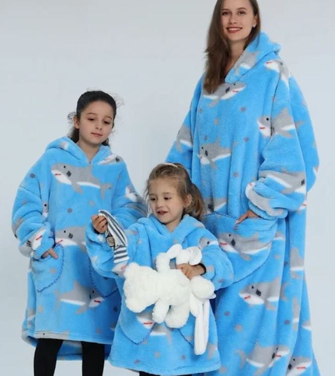 Comfy Wearable Oversized Hoodie Adult Kids Toddles Blanket Sleepwear & Loungewear jehouze Adult Blue Shark 