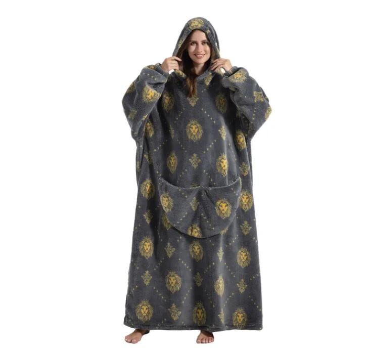 Comfy Wearable Oversized Hoodie Long Blanket Sleepwear & Loungewear jehouze Grey Lion 
