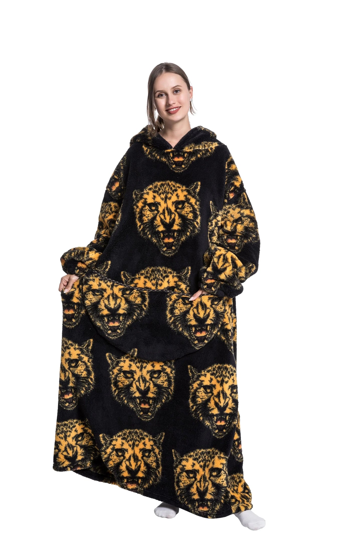 Comfy Wearable Oversized Hoodie Long Blanket Sleepwear & Loungewear jehouze Leopard 