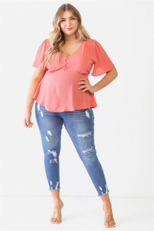Coral Pink Plus Size Button Up V Neck Short Sleeve Flare Top Shirts & Tops jehouze 1XL 