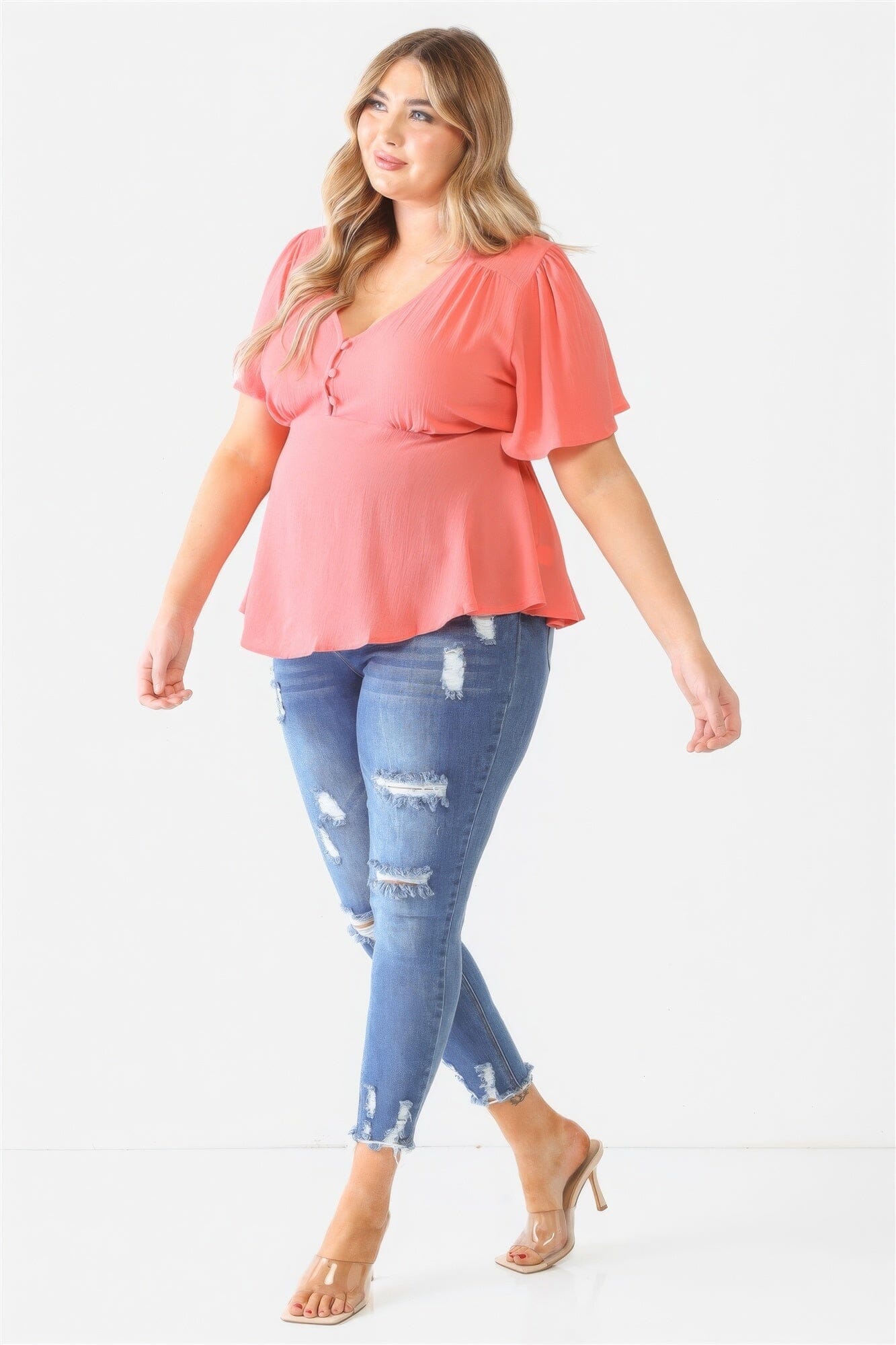 Coral Pink Plus Size Button Up V Neck Short Sleeve Flare Top Shirts & Tops jehouze 