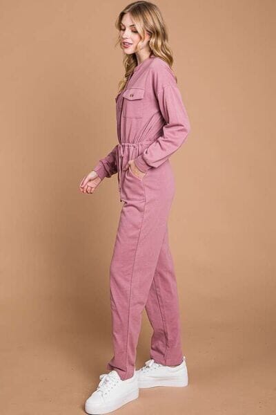 Culture Code Red Bean Pink Button Up Drawstring Waist Straight Jumpsuit Jumpsuits & Rompers jehouze 