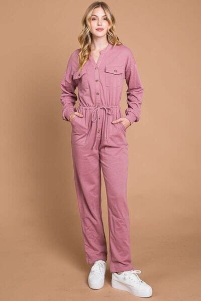 Culture Code Red Bean Pink Button Up Drawstring Waist Straight Jumpsuit Jumpsuits & Rompers jehouze RED BEAN S 