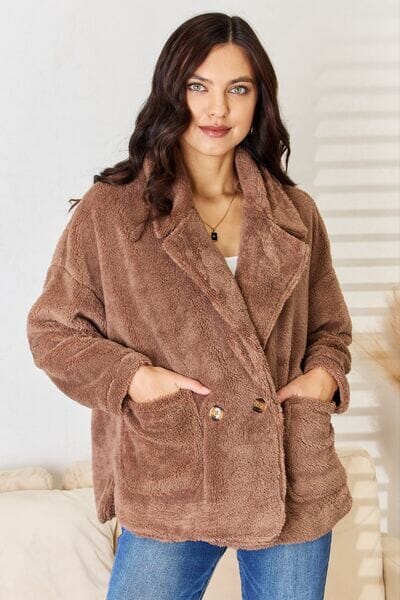 Culture Code Taupe Double Breasted Fuzzy Coat Coats & Jackets jehouze New Taupe S 