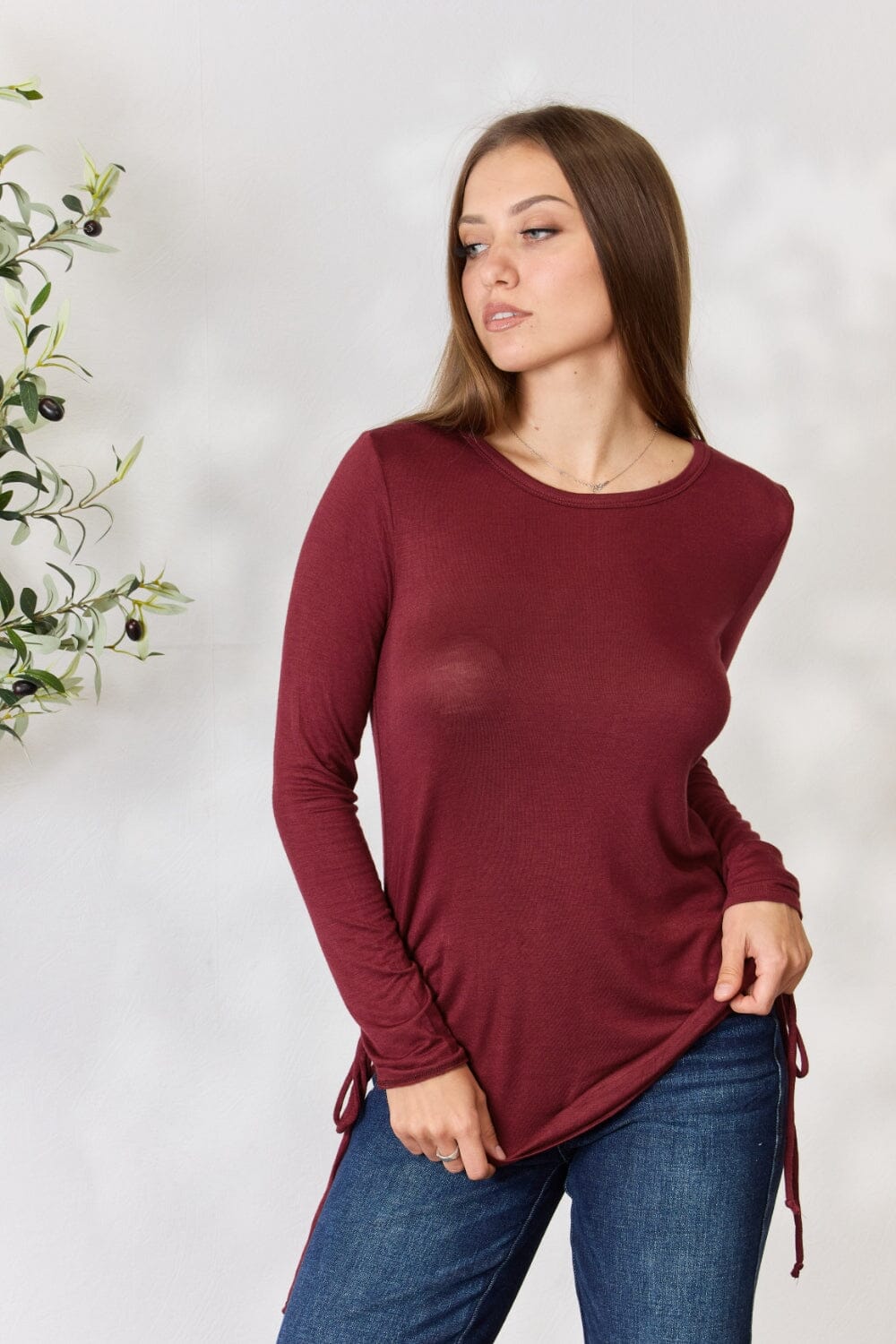 Culture Code Wine Red Drawstring Round Neck Long Sleeve Top Shirts & Tops jehouze 
