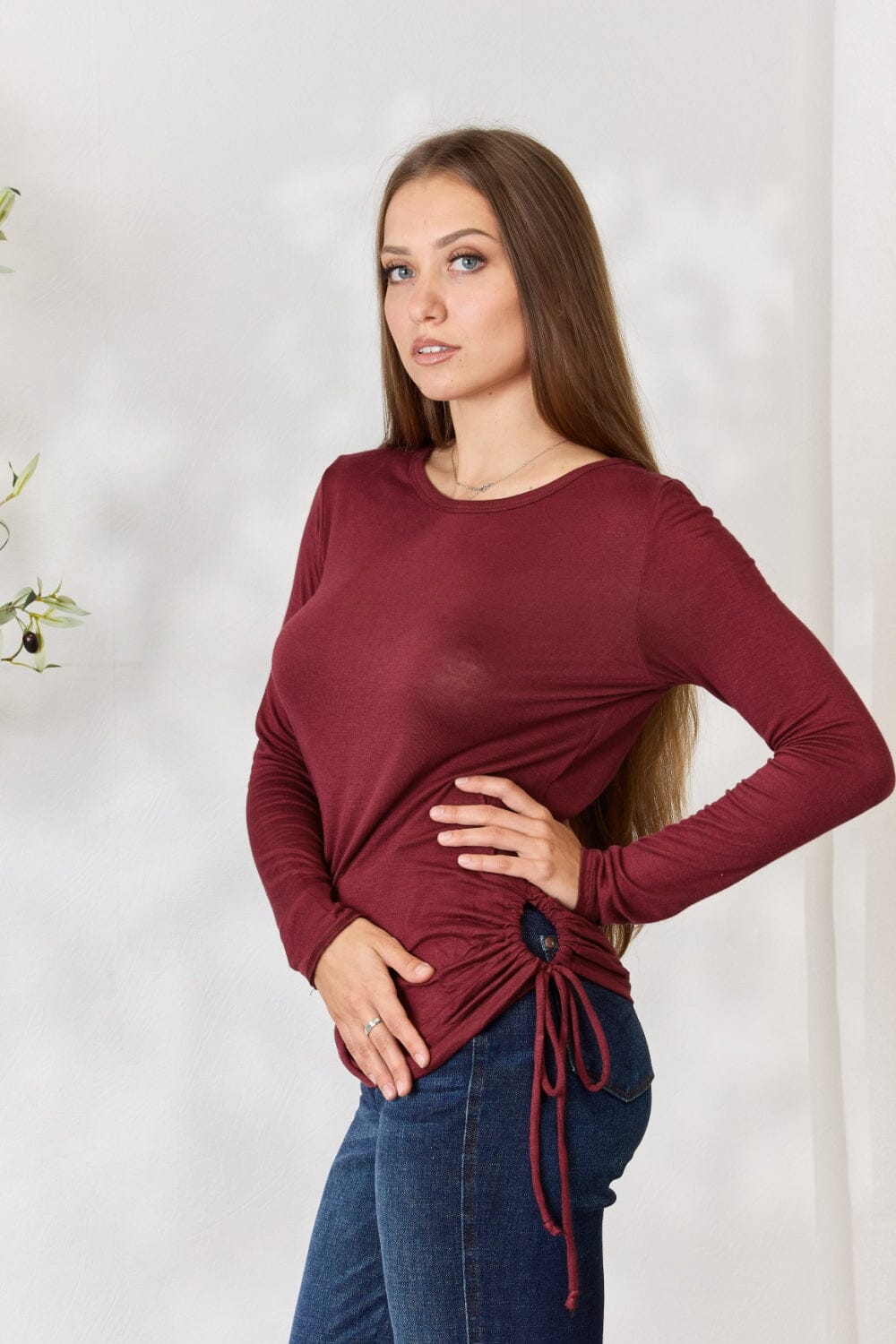 Culture Code Wine Red Drawstring Round Neck Long Sleeve Top Shirts & Tops jehouze 