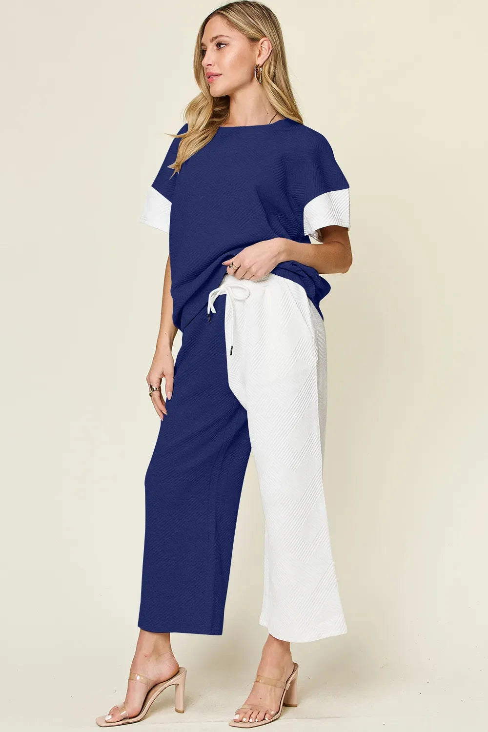 Double Take 2 pcs Texture Contrast T-Shirt and Wide Leg Pants Set Outfit Sets jehouze 