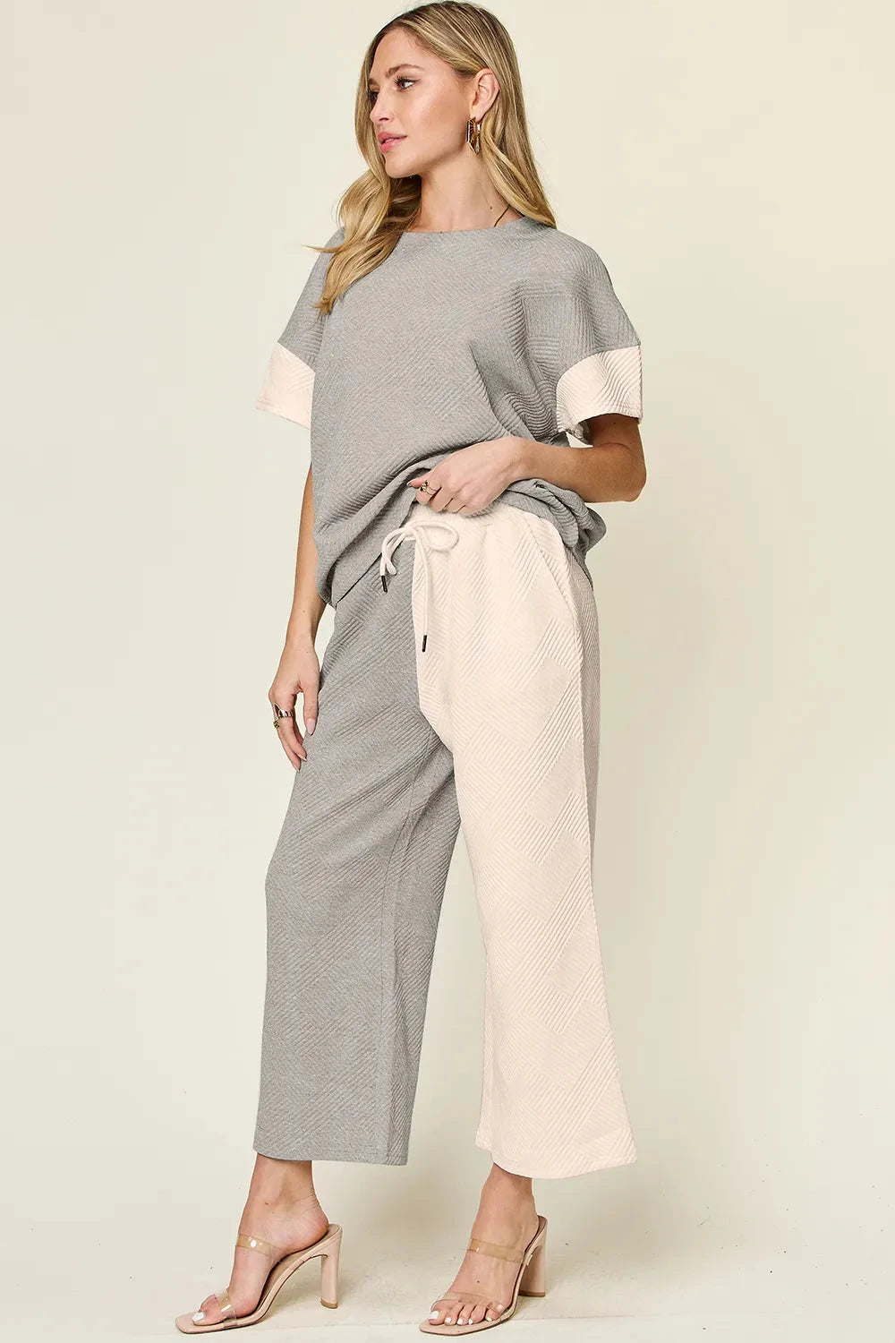 Double Take 2 pcs Texture Contrast T-Shirt and Wide Leg Pants Set Outfit Sets jehouze 