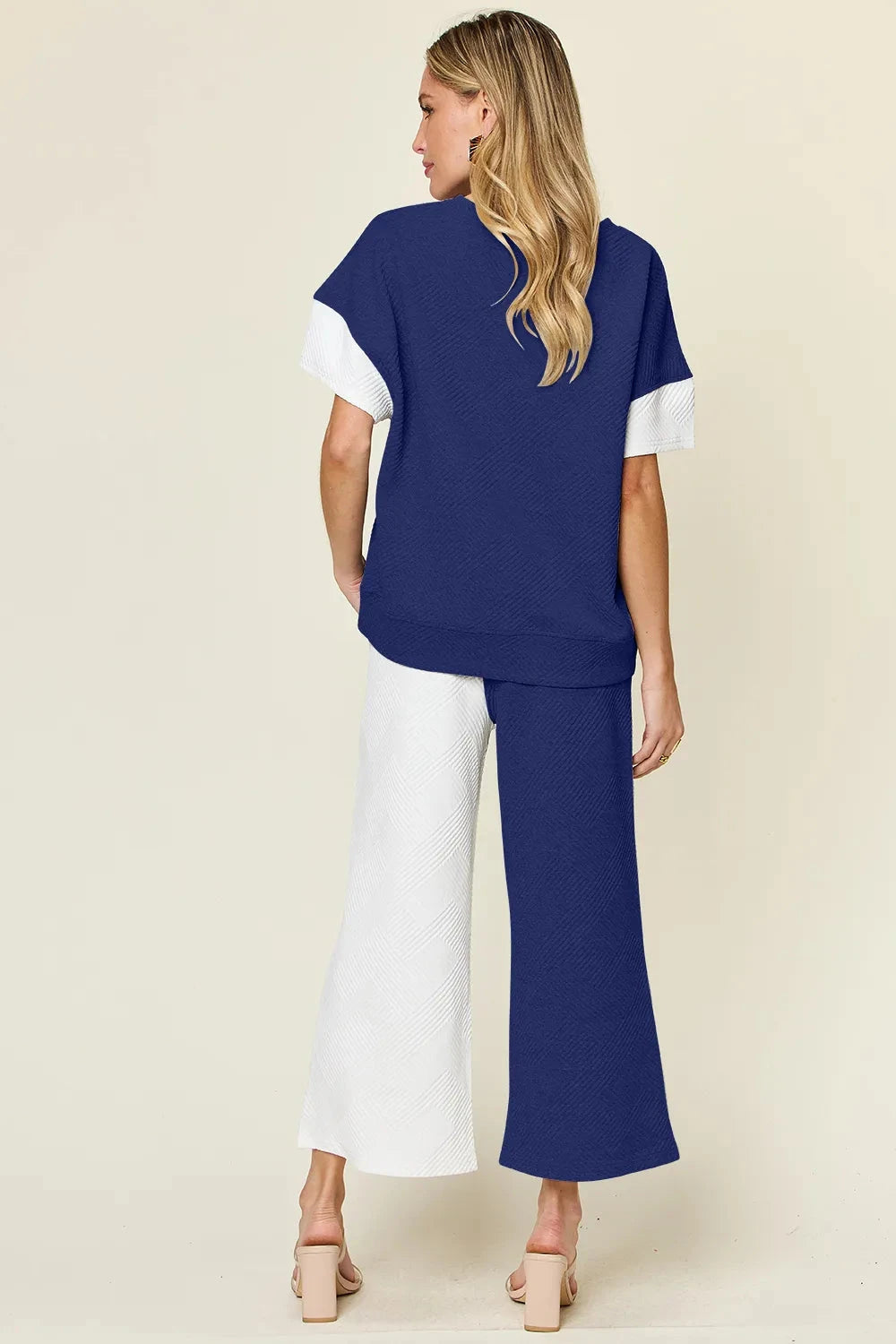 Double Take 2 pcs Texture Contrast T-Shirt and Wide Leg Pants Set Outfit Sets jehouze 
