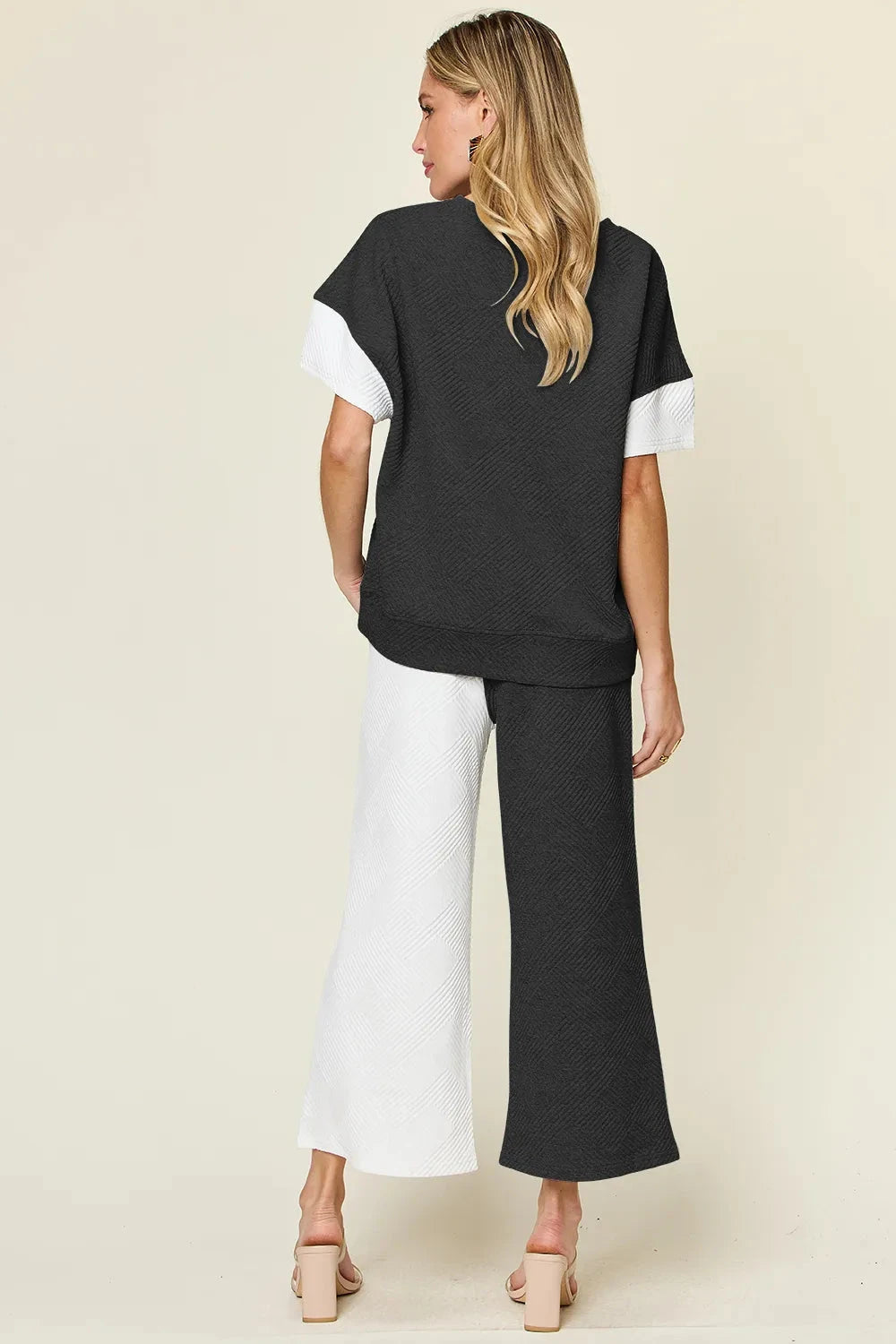 Double Take 2 pcs Texture Contrast T-Shirt and Wide Leg Pants Set Outfit Sets jehouze 