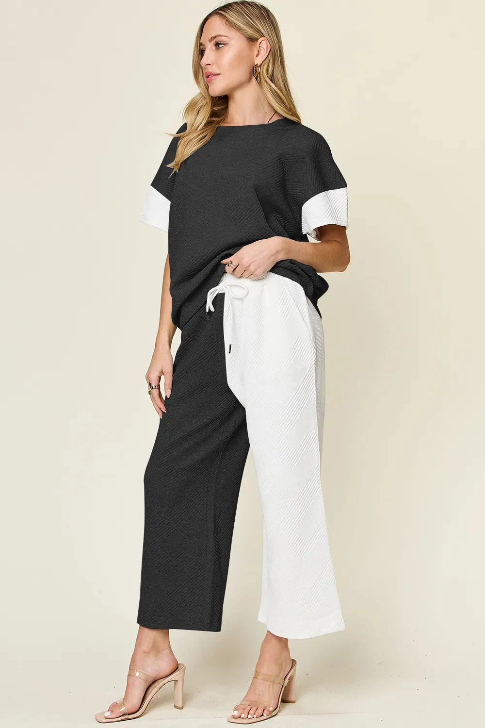 Double Take 2 pcs Texture Contrast T-Shirt and Wide Leg Pants Set Outfit Sets jehouze 